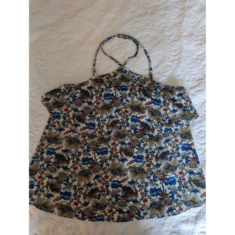 Lily White Floral Blue/Olive/Orange Spaghetti Strap Halter Top  Size Small